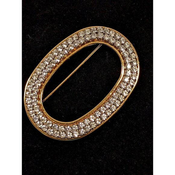 Vintage Gold Tone Rhinestone Pave Oval Brooch Pin Bold Statement - Picture 1 of 9